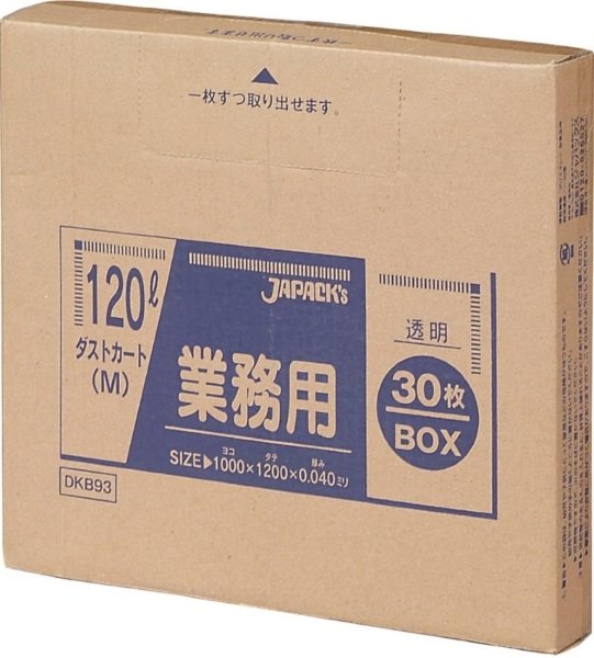 画像1: 業務用 大型 ダストカート(M) 透明ゴミ袋 120L 箱入りタイプ 厚み0.040mm DKB93 (1000×1200mm) ジャパックス 1ケース180枚入り ※別途送料 ※沖縄・離島地域配送不可 (1)