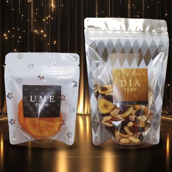 画像1: 片面アルミ 小梅柄印刷 チャック付き スタンドパック UMEJタイプ UMEJ-1 (120×150(120)×34mm) ベリーパック(富士カガク) 小ロットタイプ 1ケース500枚入り ※個人宅別途送料 (1)